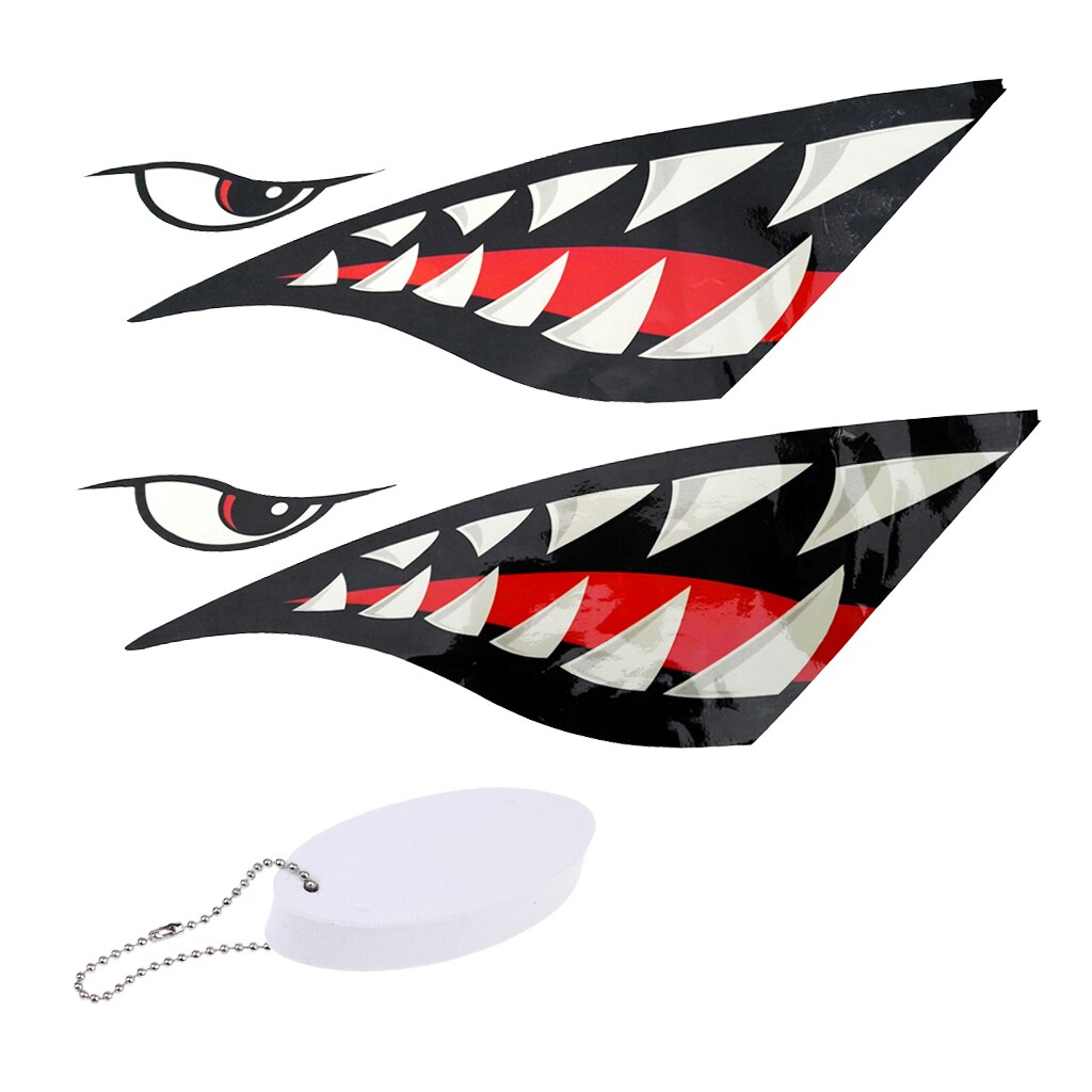 2 pegatinas de vinilo con dientes de tiburón para Kayak Jet Ski + llavero flotante con forma de tabla de surf blanca