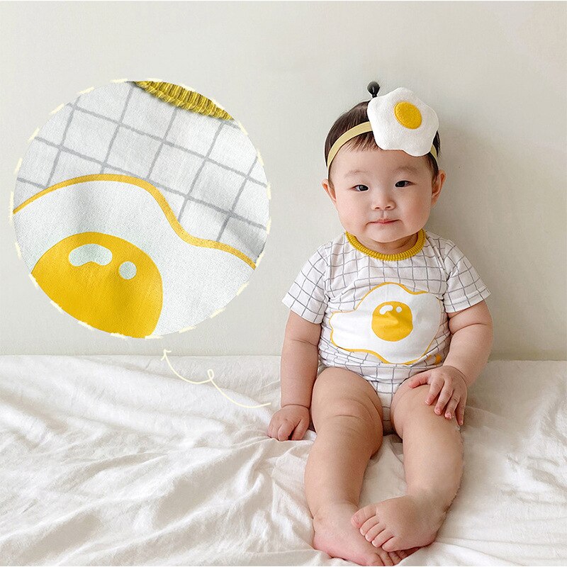 Body d'été en coton pour bébés garçons et filles, vêtements à carreaux, œufs pochés, motif de dessin animé, à la , avec bandeau à fleurs,