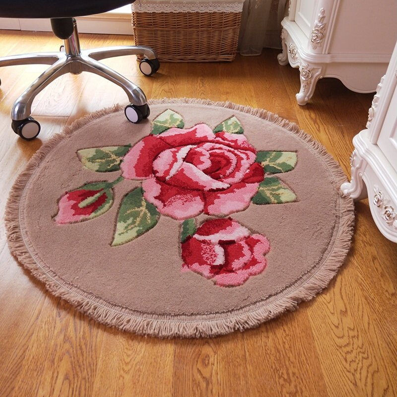Rosa blomstertrykk rundt badeteppe dia 80cm sklisikker baderomsmatte for døråpning toilt soverom badematte teppe badeteppe