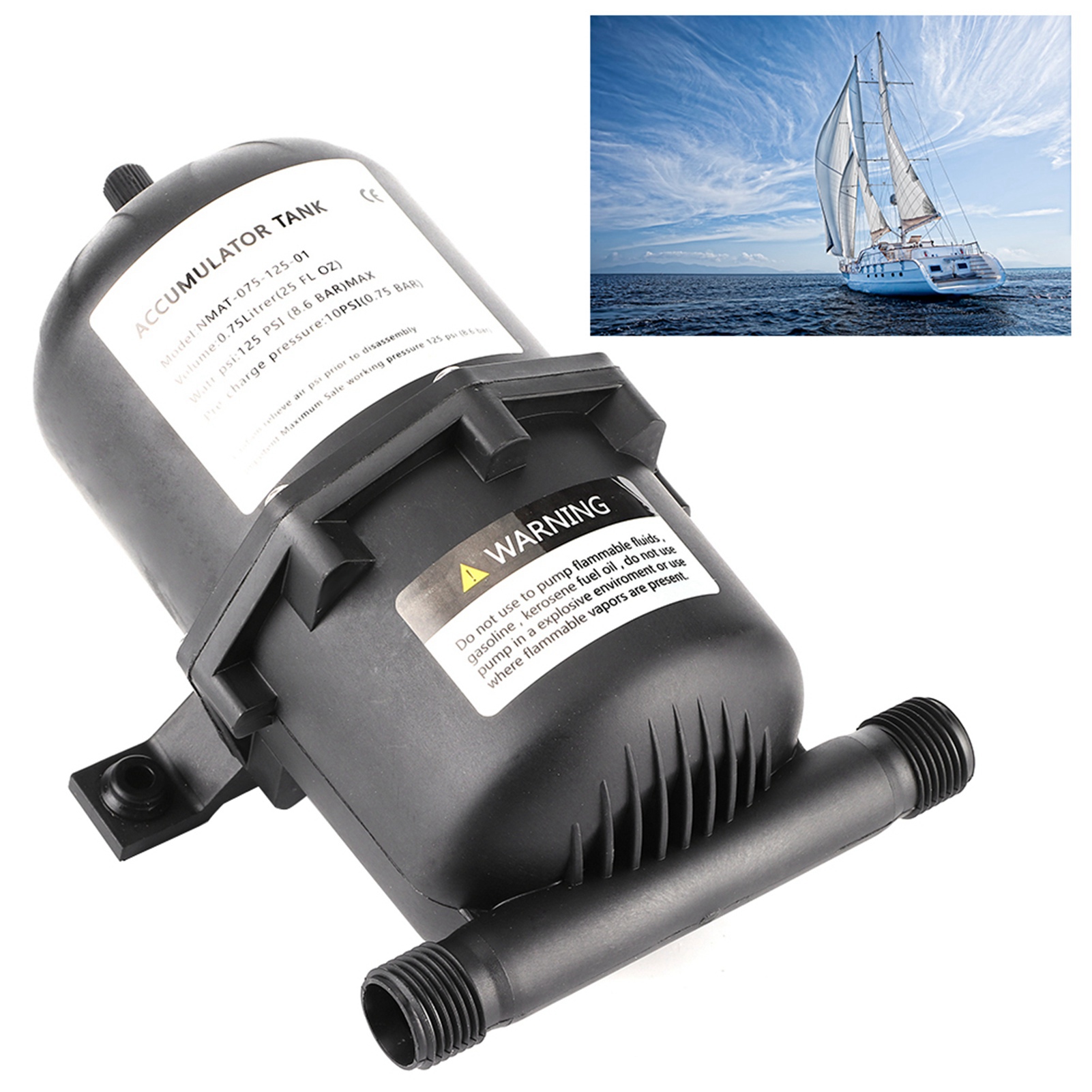 Accumulator Pressure Tank Water Pump Flow Control 0.75 L 125PSI Waterproof for Marine RV Boat