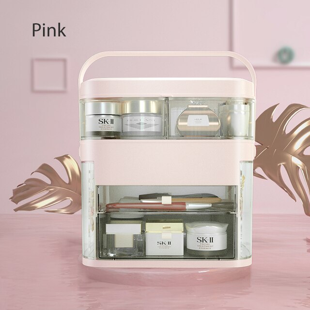Organizador de maquillaje con espejo de tocador, espejo de maquillaje con luz LED ajustable, joyería, lápiz labial, contenedor cosmético, resistente al agua: Pink as in Picture