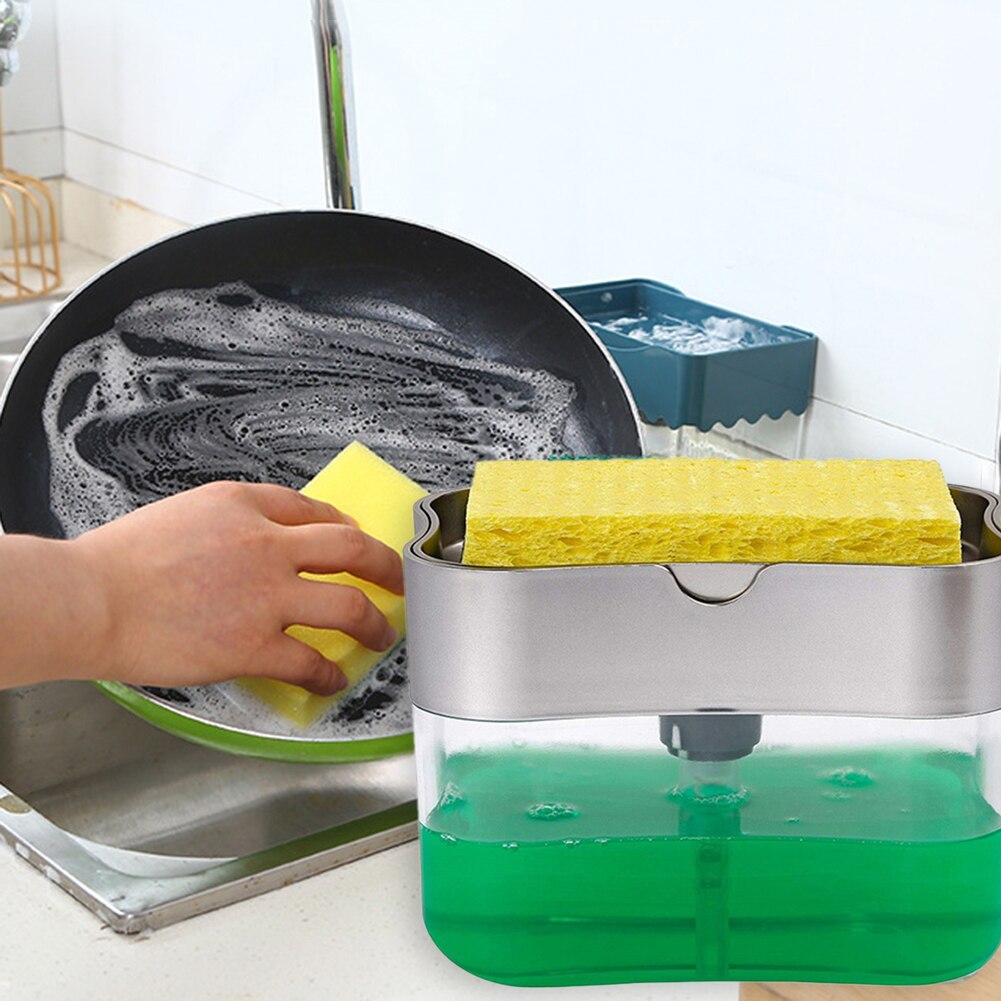 2 In 1 Schrobben Vloeibaar Wasmiddel Dispenser Met Spons Pers-Type Vloeistof Doos Zeepkist Voor Huishoudelijke Keuken Schoner gereedschap