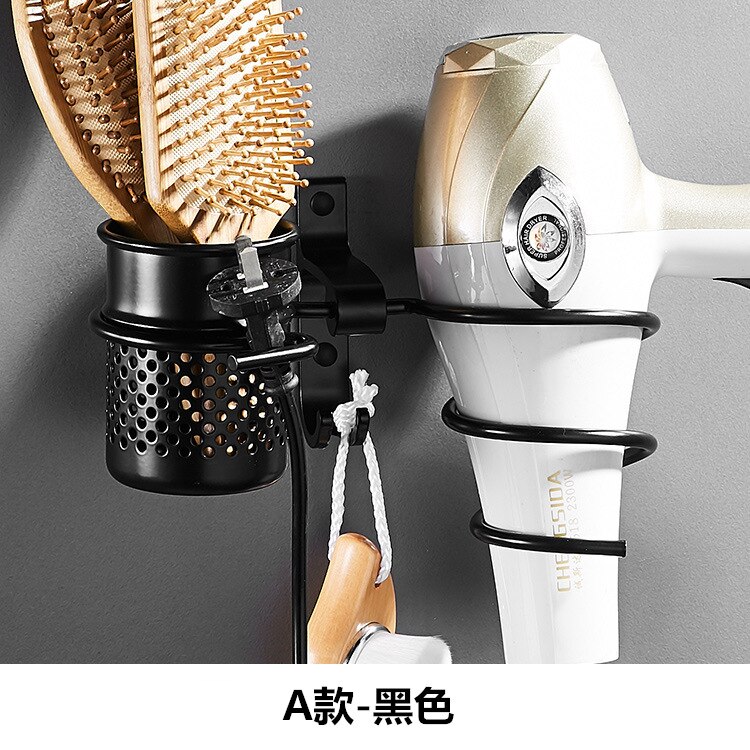 Gold Hair Dryer Holder Space Aluminium Bathroom Wall Shelf Hair Dryer Rack with Basket bathroom shelves Bathroom Accessories: A-black
