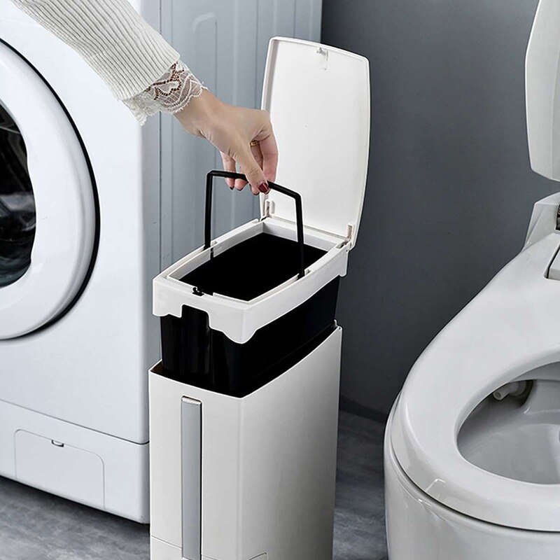 Bathroom Trash Bucket Set Waste Bin Plastic with Toilet Brush Dustbin Kitchen Trash Can Garbage Bag Household Cleaning Tools