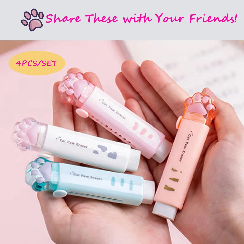 1-8Pcs ! Kawaii Cat Paw Rubber Erasers Retractable Pencil Eraser for Kids Students School Home Office Writing Drawing