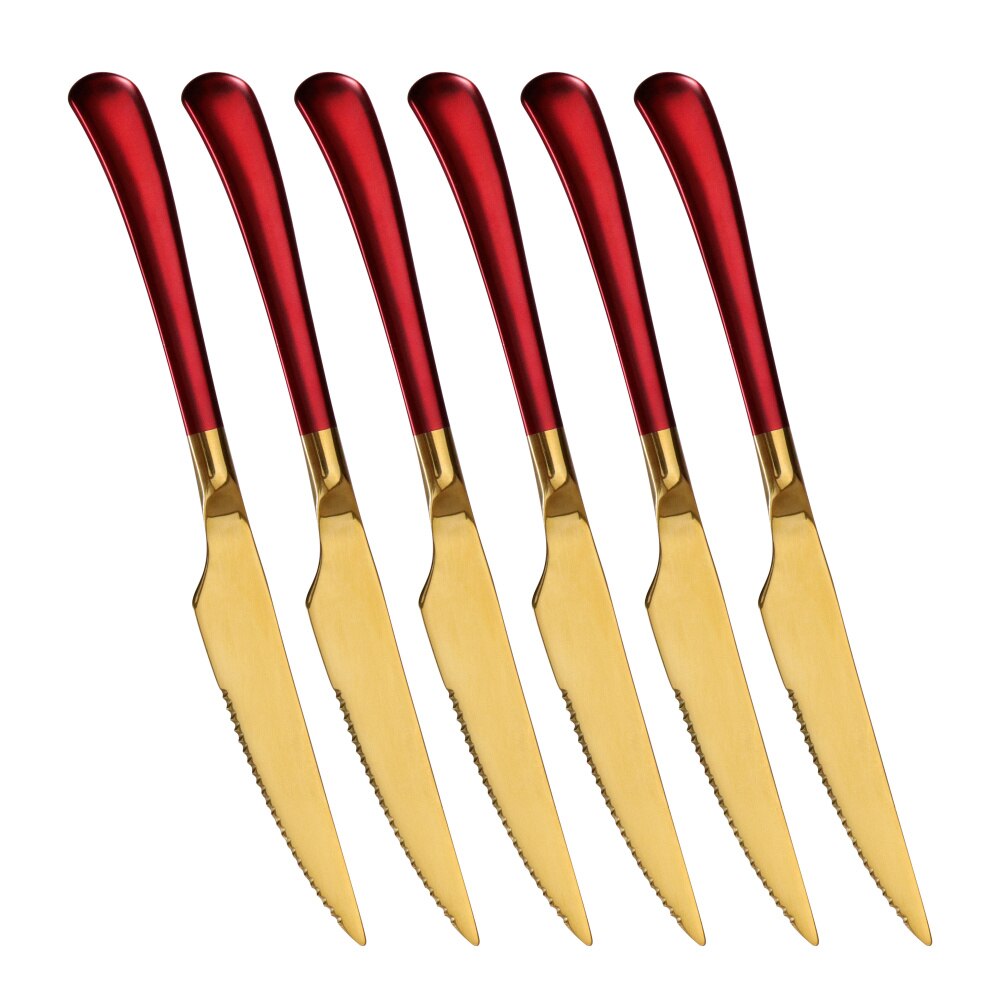 6pcs/set Stainless Steel Steak Knife With Long Handle Titanium Plating Gold Dinner Knives Luxurious Western Flatwares: 6pcs red gold