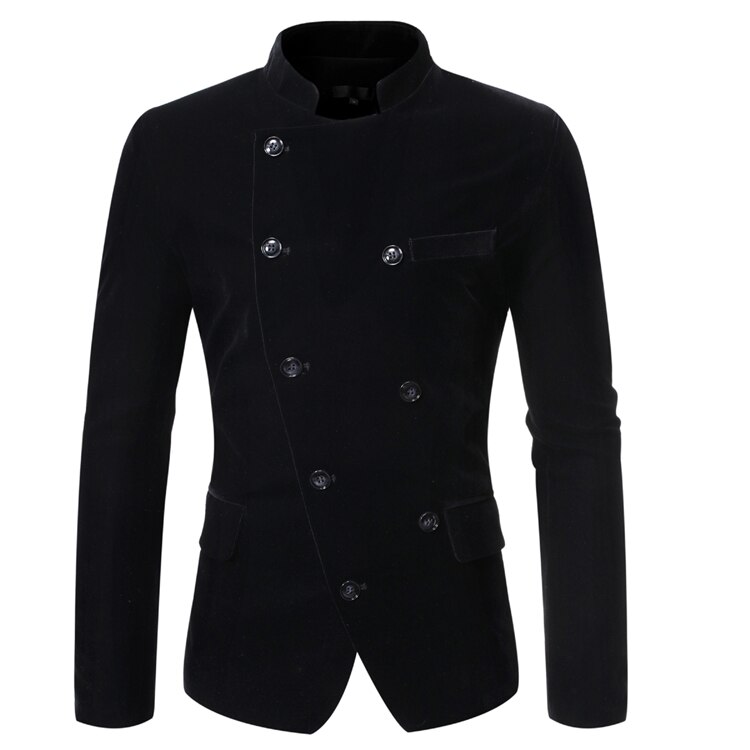 Blazer Men Men's Suit with Slanted Lapel and Double-breasted Stand-up Collar Men Suit Jacket: Black / XL