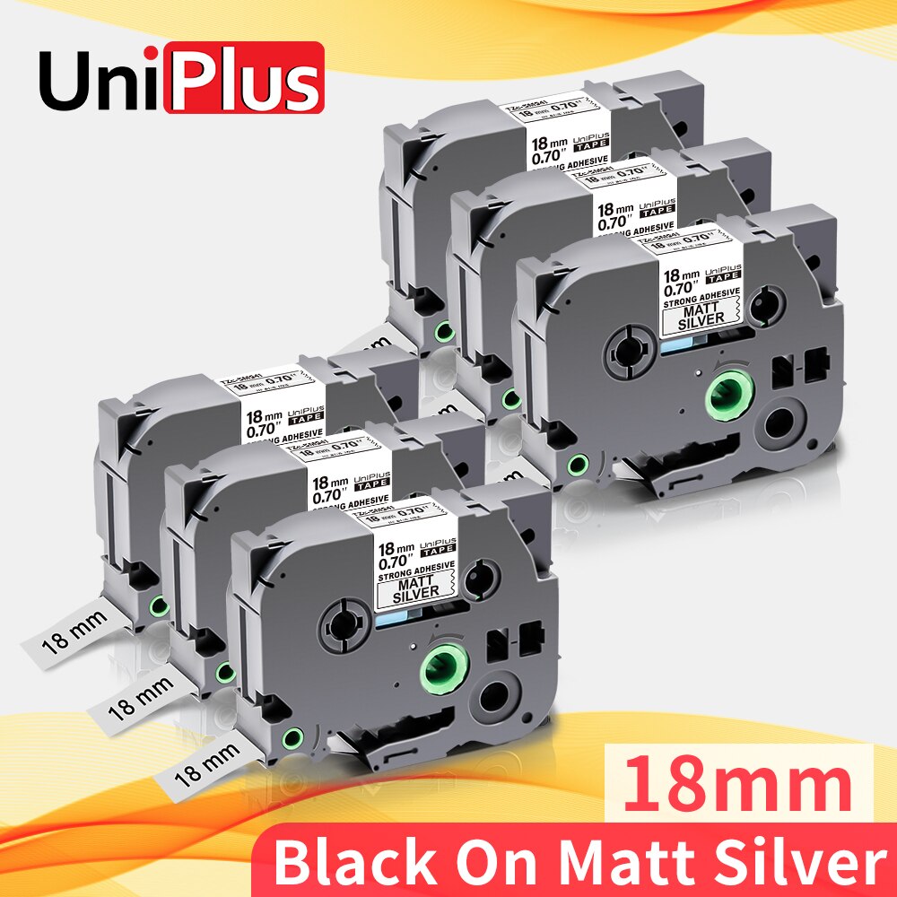 Uniplus 6PK 18Mm * 8M Sterke Lijm Tape Zwart Op Mat Zilver Lint SM941 Compatibel Label Maker SM941