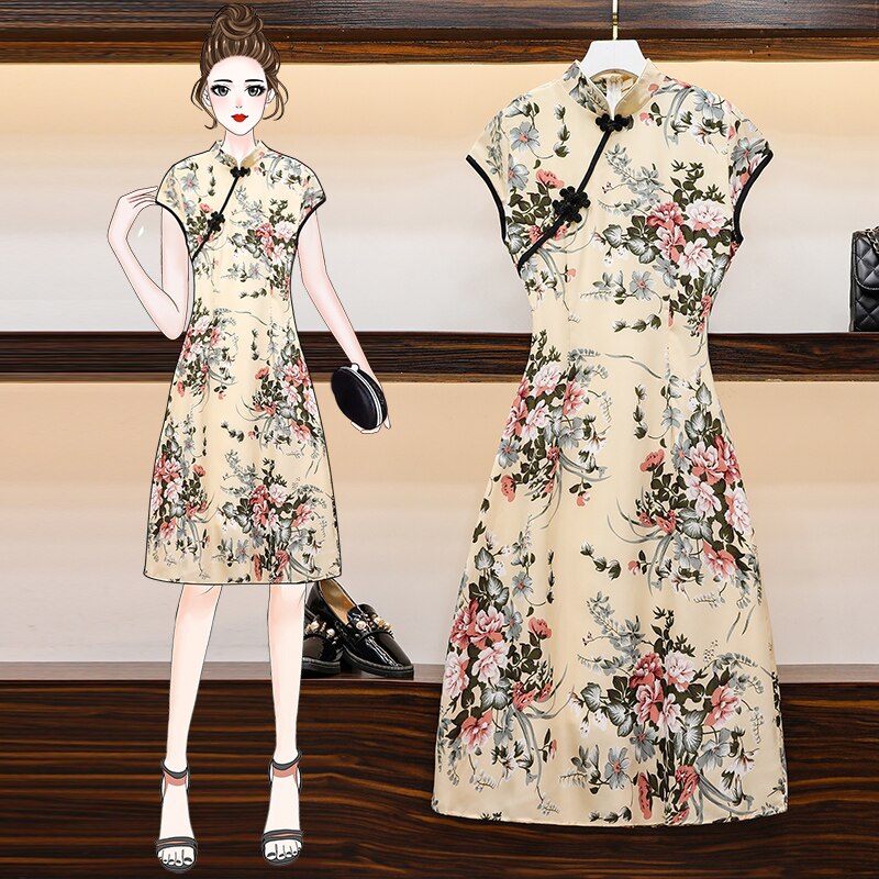 Grote Plus Size M-4XL Vintage Chinese Slanke Jurk Qipao Casual Party Vrouwen A-lijn Jurk Korte Mouw Zomer Cheongsam Jurken
