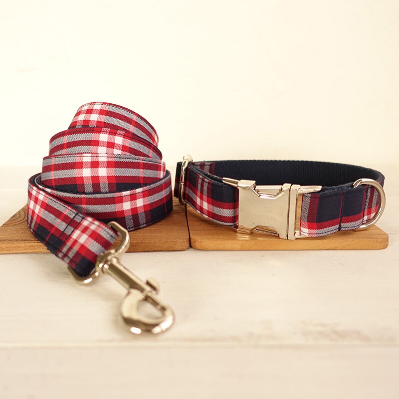 Dog Collar and Leash Set Blue Red Plaid Custom Engrave Name Dog Collars Quick Lease Metal Hardware Pet Collar Big