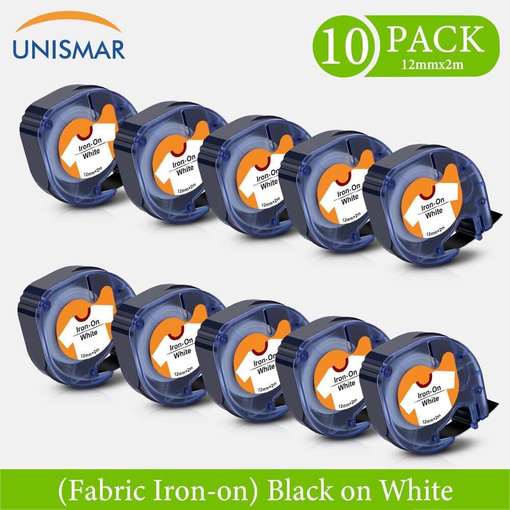 Unismar Fabric Iron-On Label Tape - 12mm x 2m - Compatible with Dymo LetraTag Printers: 10PK Black on White