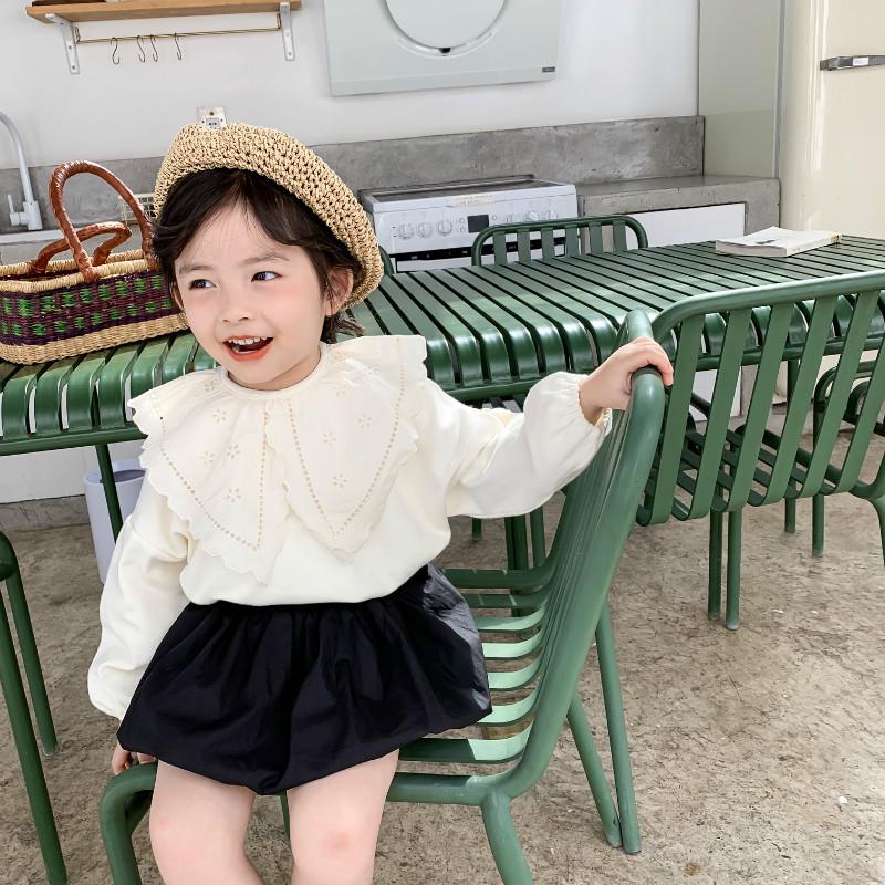 Forår koreansk stil bomuld ren farve prinsesse all-match bundtrøje med stor krave til søde søde babypiger: 24m