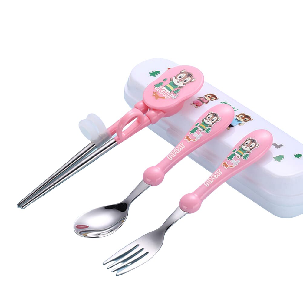 Rustfrit stål bestiksæt til børn bjørnetryk træningsspisepinde ske og gaffel sæt til (pink/blå)