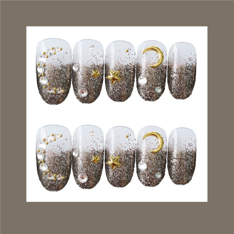 24pcs Chocolade Star Maand Nep Nagels Eindproduct Kunstmatige Franse Meerdere Kleuren Wees Kunstnagels Met Lijm Sticker