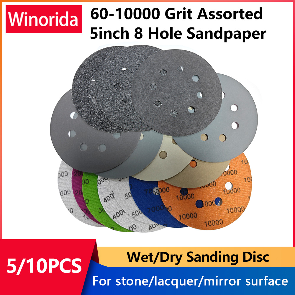 5inch Sandpaper 60-10000 grit Round Shape Sanding Discs Hook Loop Sanding Paper 125mm Buffing Sheet Sandpaper 8 Hole Sander Pad