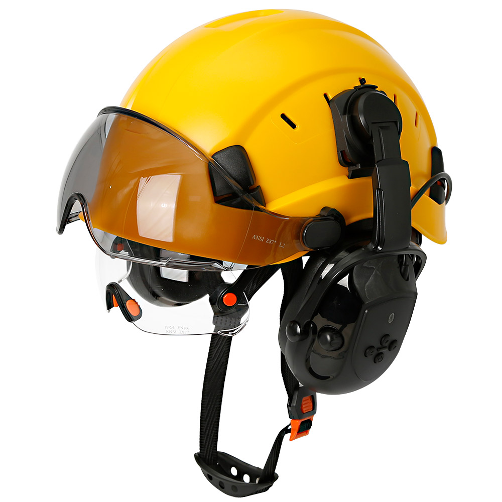 CE Safety Helmet With 5.0 Bluetooth Earmuffs For Engineer ABS Construction Hard Hat with Visors Industrial Noise Reduction ANSI: Orange