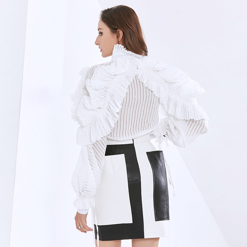 TWOTWINSTYLE-Blusa de manga larga con volantes para mujer, camisa con cuello levantado, estilo de ropa a la ,