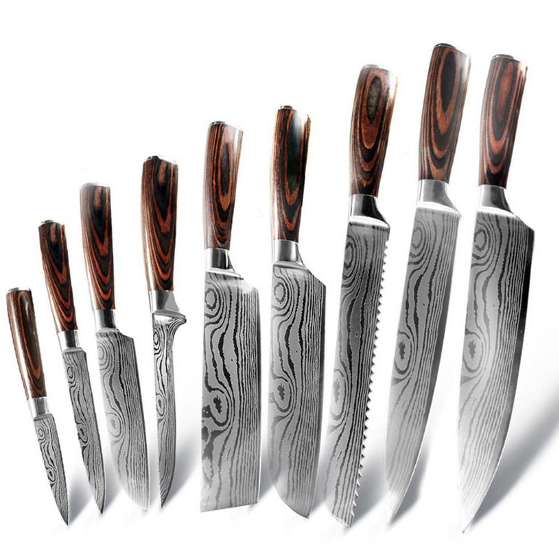 IWELAI Kitchen Knife Set Home Cook Knife Japanese 7CR17 440C Imitation Damascus Pattern Knife Nine-Piece Knife