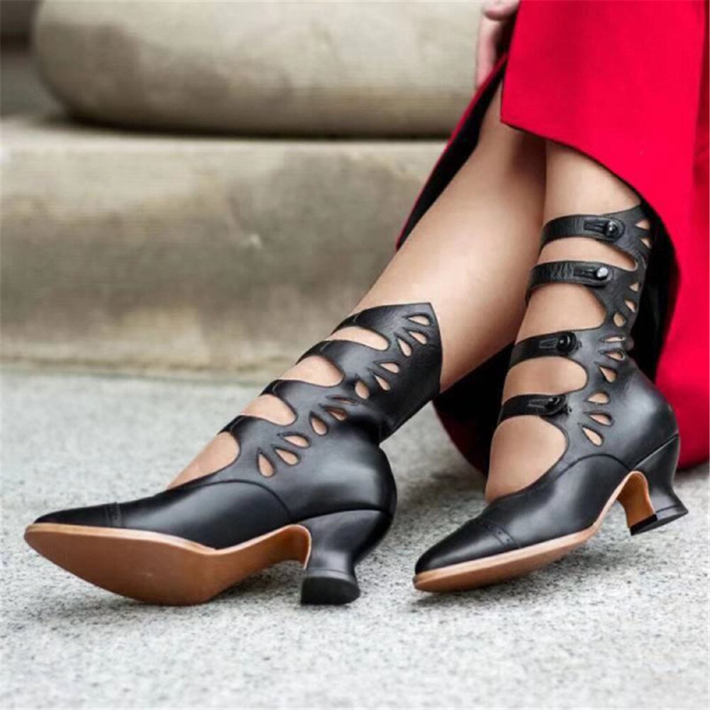 Zapatos de tacón con punta pintada para mujer, calzado de estilo gótico, color negro sólido, ,