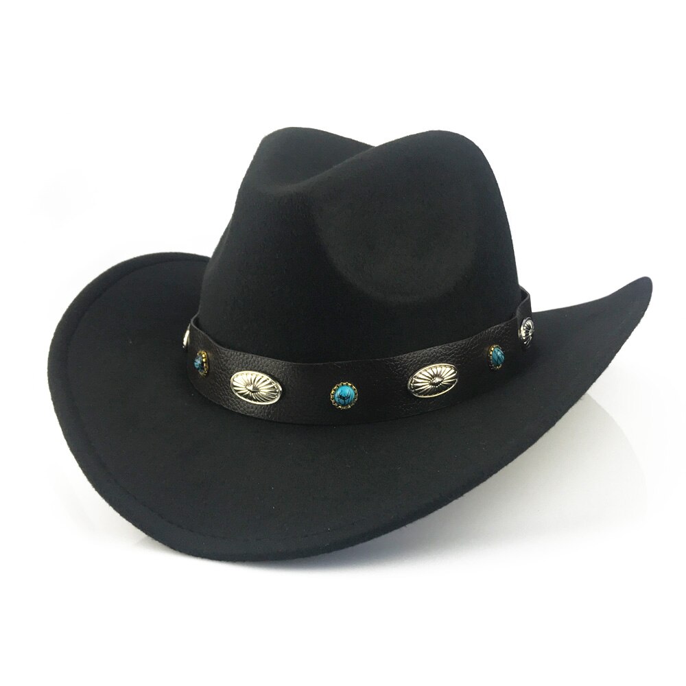 Yy retro vestlig cowboyhatt vinter med bredt metall pu lærbelte trilby caps menn kvinner rullebrett fedora jazz panama  yy20073: Svart cowboy retro