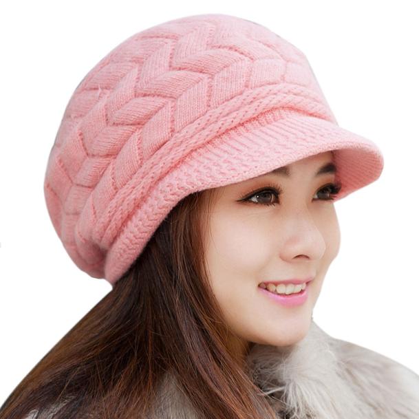neue Winter Frauen Wolle Pelz Baskenmütze Hut Elegante Damen Solide Flache Kappe Verdicken Warme Ohrenschützer Gestrickte Wolle Beanie hut # YJ: Pink 