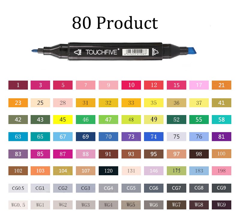 TOUCHFIVE-80 marcadores de colores Manga, rotuladores de dibujo a base de Alcohol, boceto, punta de fieltro, pincel doble oleoso, suministros de arte para estudiantes: 80 Product