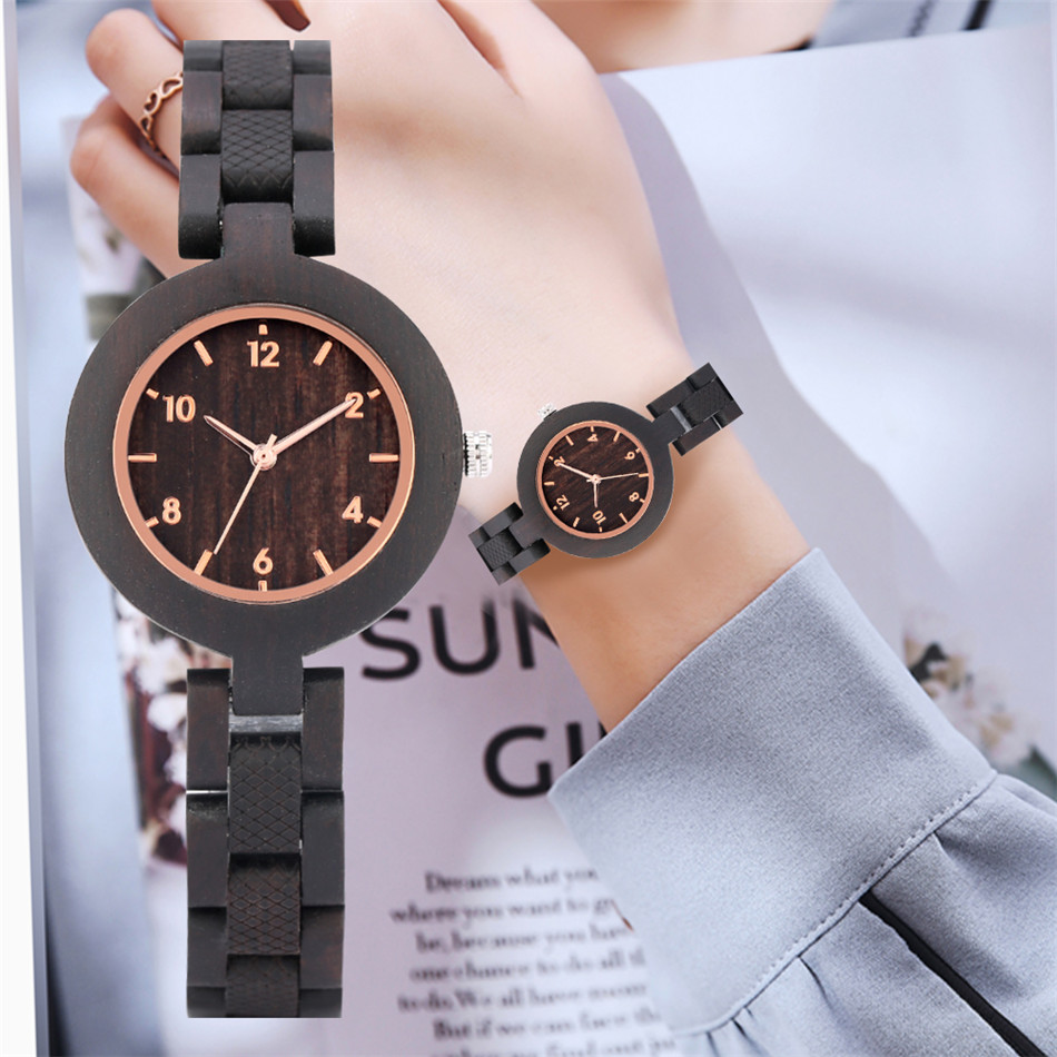 Ebbenhout Dame Armband Horloge Quartz Rose Goud Analoge Display Trendy Slim Volledige Houten Armband Vrouwelijke Horloges