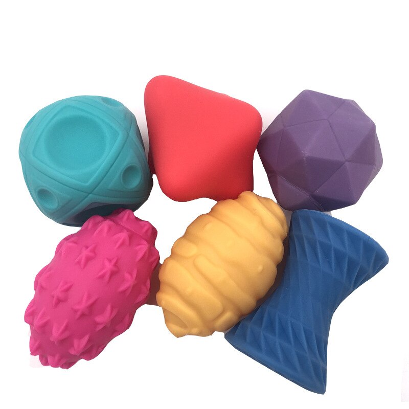 Bebis sensoriska boll leksaker baby skallra bitring greppa kläm leksaker färgglada mjuka gummi bpa-fri texturerad massageboll för småbarn: 6 st -tf376m