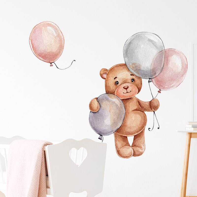 Standing Teddy Bear with Pink Grey Balloons Wall Stickers for Kids Room Baby Nursery Room Decoration BABY Shower Wall Decals PVC