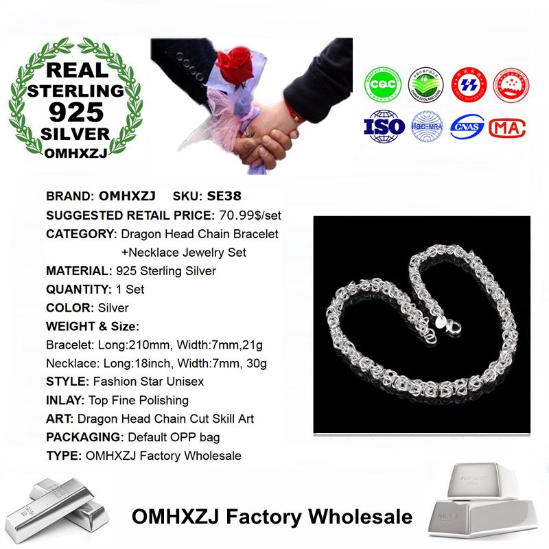 OMHXZJ Persoonlijkheid Mode Unisex Zilveren Draak Hoofd Ketting 925 Sterling Zilveren Armband + Ketting Sieraden Set SE38