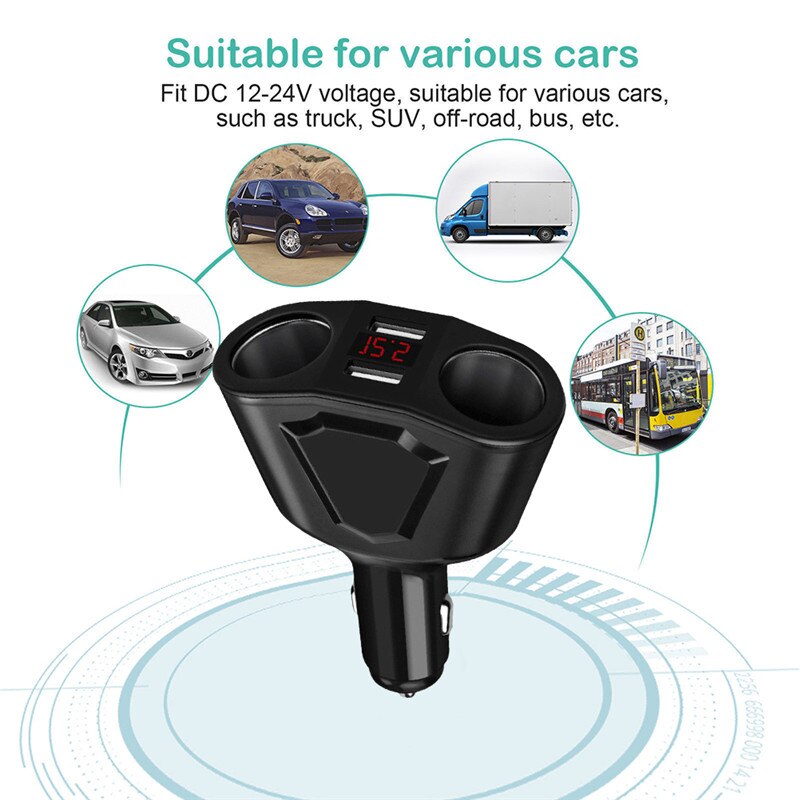 Dc 12V Auto Lcd Sigarettenaansteker Splitter Dual Usb Charger Power Adapter