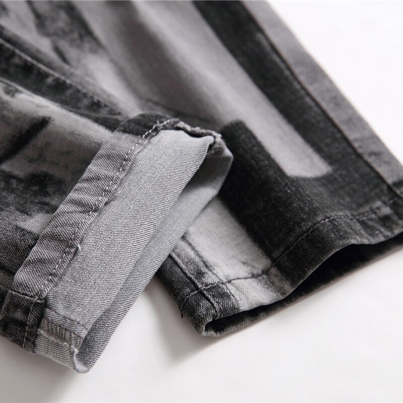 Slanke jeans med grå mønsterprint til mænd, slanke, strækbare denimbukser
