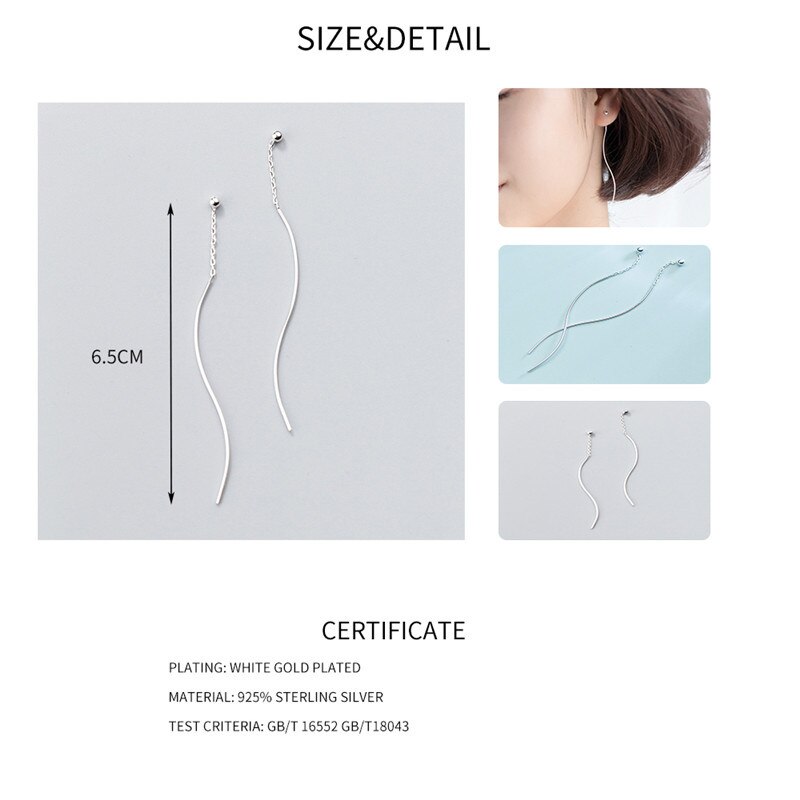 INZATT Minimalist Geometric Wavy line Dangle Earrings Real 925 Sterling Silver for Women Long Tassel Accessories Jewelry