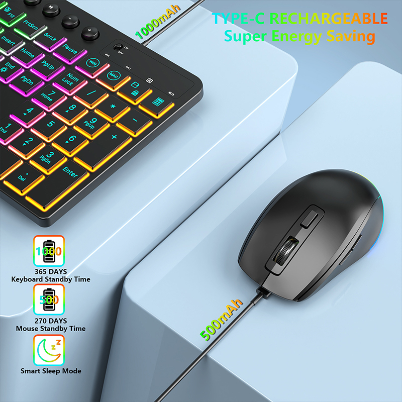Ergonomiczna bezprzewodowa klawiatura i mysz 2.4G z uchwytem na telefon 1600 DPI podświetlana ładowalna klawiatura i mysz zestaw dla Win7/8/10/11
