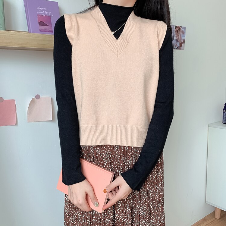 Sweater Vest Women V-neck Solid Knitted All-match Office Ladies Sleeveless Outwear Popular Soft Chic Leisure Korean: black