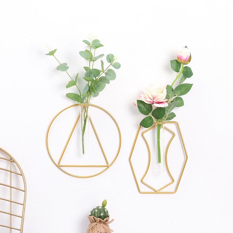 Metallramen blomvas växt glas hängande glasvas hem vas guldvas liten vas för dekor provrör för blommor