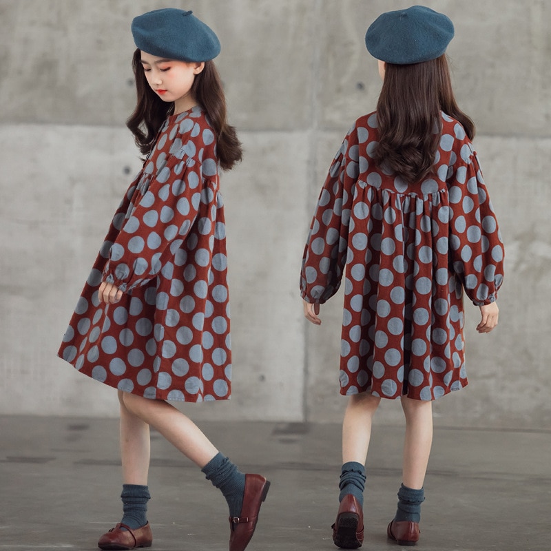 Teen Girls Polka Dot Princess Dress Autumn Korean Children Clothes Kids Girls Casual Dresses Cotton Dress, #9128