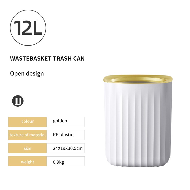 Kitchen Trash Can Golden Luxury Trash Bin Office Wastebasket Garbage Bin Vertical Bathroom Storage Bucket Paper Garbage Can 15L: 12L gold