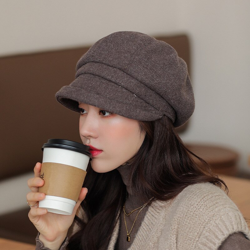 Octagonal Hat for Women Cotton Polyester Material Solid Color Retro Curled Short Brim Dome Simple and Beret Women's Hat: brown