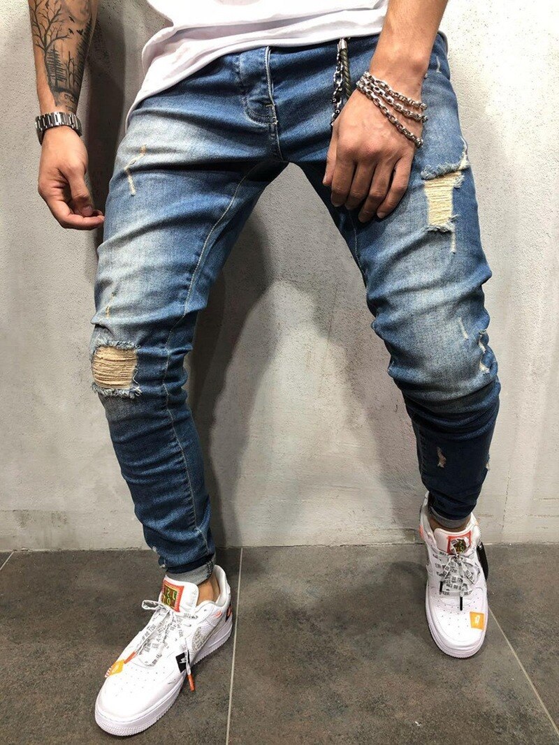 Pantalones vaqueros ajustados Punk para hombre, Jeans ajustados de pitillo, Jeans de talla grande para hombre, Jeans rasgados con agujeros para Patchwork, ropa de calle
