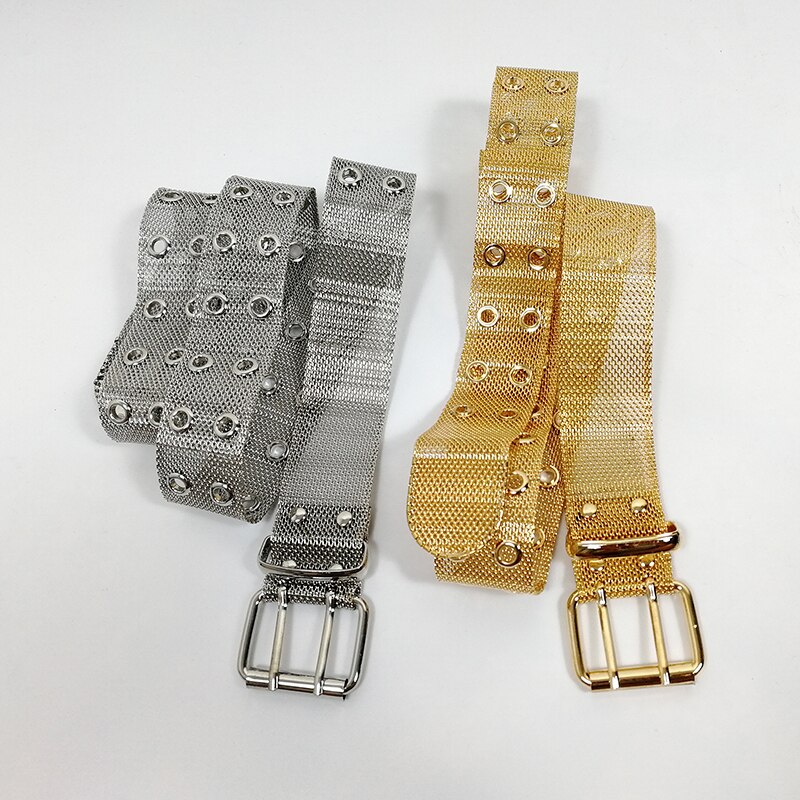 Plus size gold chain belt ladies punk belts for women two row eyelet gothic silver metal ketting riem dress cummerbunds style