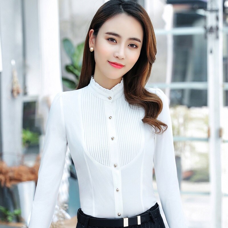 Camisas ACRMRAC para mujer, camisa de verano de estilo, camisa blanca de manga larga con cuello levantado, color sólido, blusas y camisa Formal de negocios OL