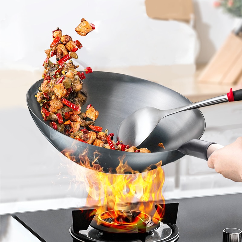 Traditionel håndlavet 100%  jern wok fortykning ikke belagt rund bund pan wok kog stor kogepande træ håndtag låg