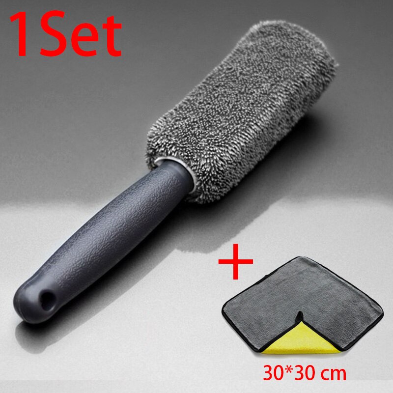 Car Detailing Wheel Wash Brush Microfiber Wheel Tire Rim Brush Car Cleaning Brush Sponge Tools Wet And Dry Auto Wash Accessories: 1pc brush 1pc towel