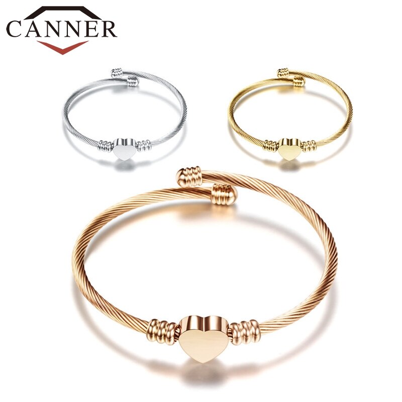 CANNER Adjustable Simple Stainless Steel Woven Heart Open Bangle Gold/Rose gold/ Silver Color Charm Babgles for Women Jewelry FO