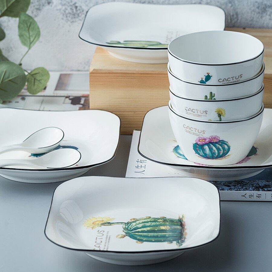 1 Pcs Square ceramic plate Ceramic Dinner Set Porcelain Dessert Plate Steak Salad Snack Cake Plates Tableware Cactus square dish