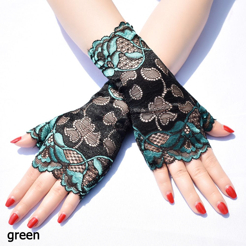 Women Sexy Fingerless Gloves Half Finger Sunscreen Short Lace Gloves Rose Flower Pattern Festival Gloves: green