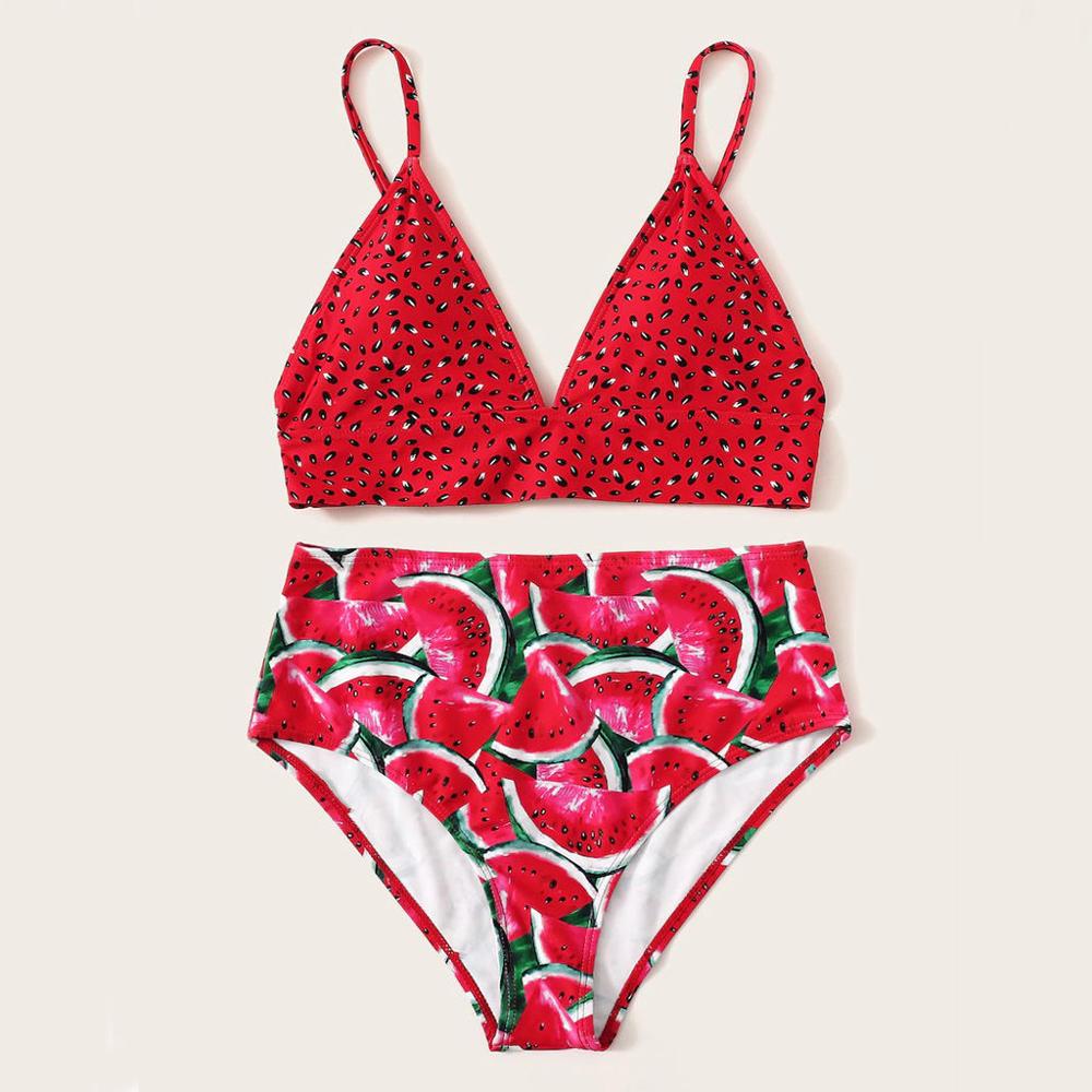 Traje de baño de dos piezas con estampado de sandía y frutas para mujer, traje de baño con efecto push-up para