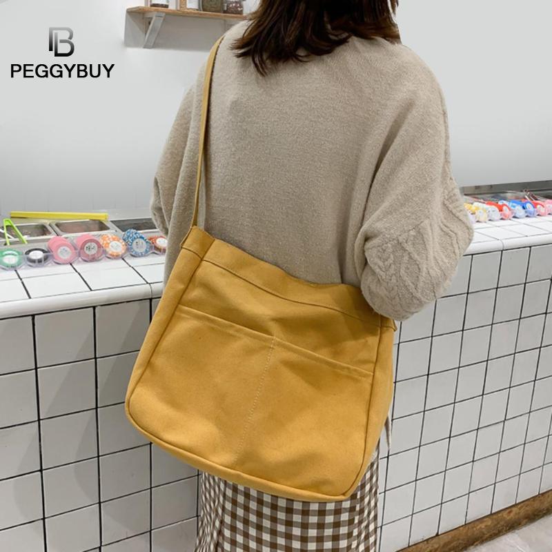 Vrouwen eenvoudige grote capaciteit canvas tas vintage rits klep tas vrouwen effen kleur grote capaciteit schoudertas