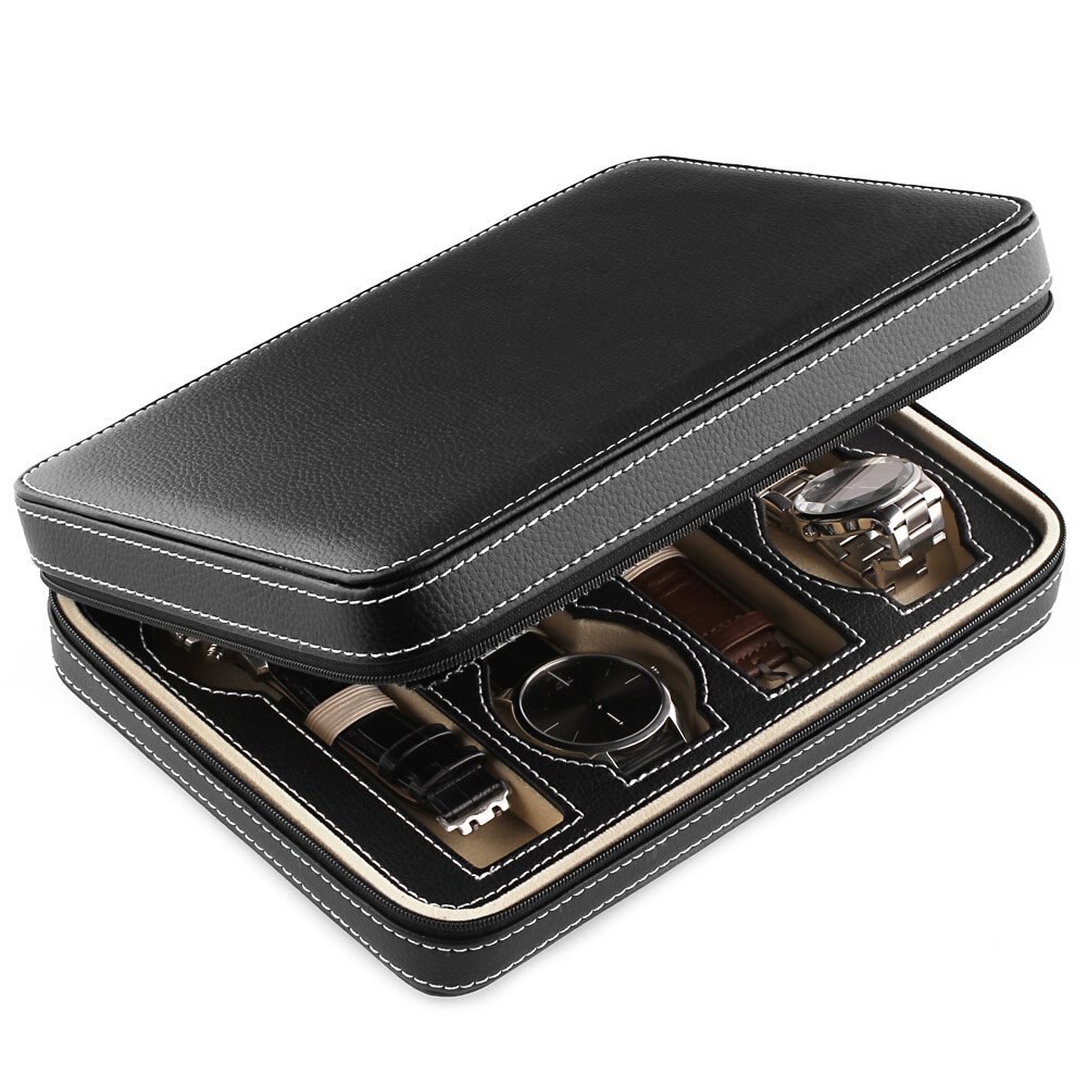 8 Grids Watch Display Storage Box Case Tray Zippered Travel Watch Collector Case Faux Leather Black